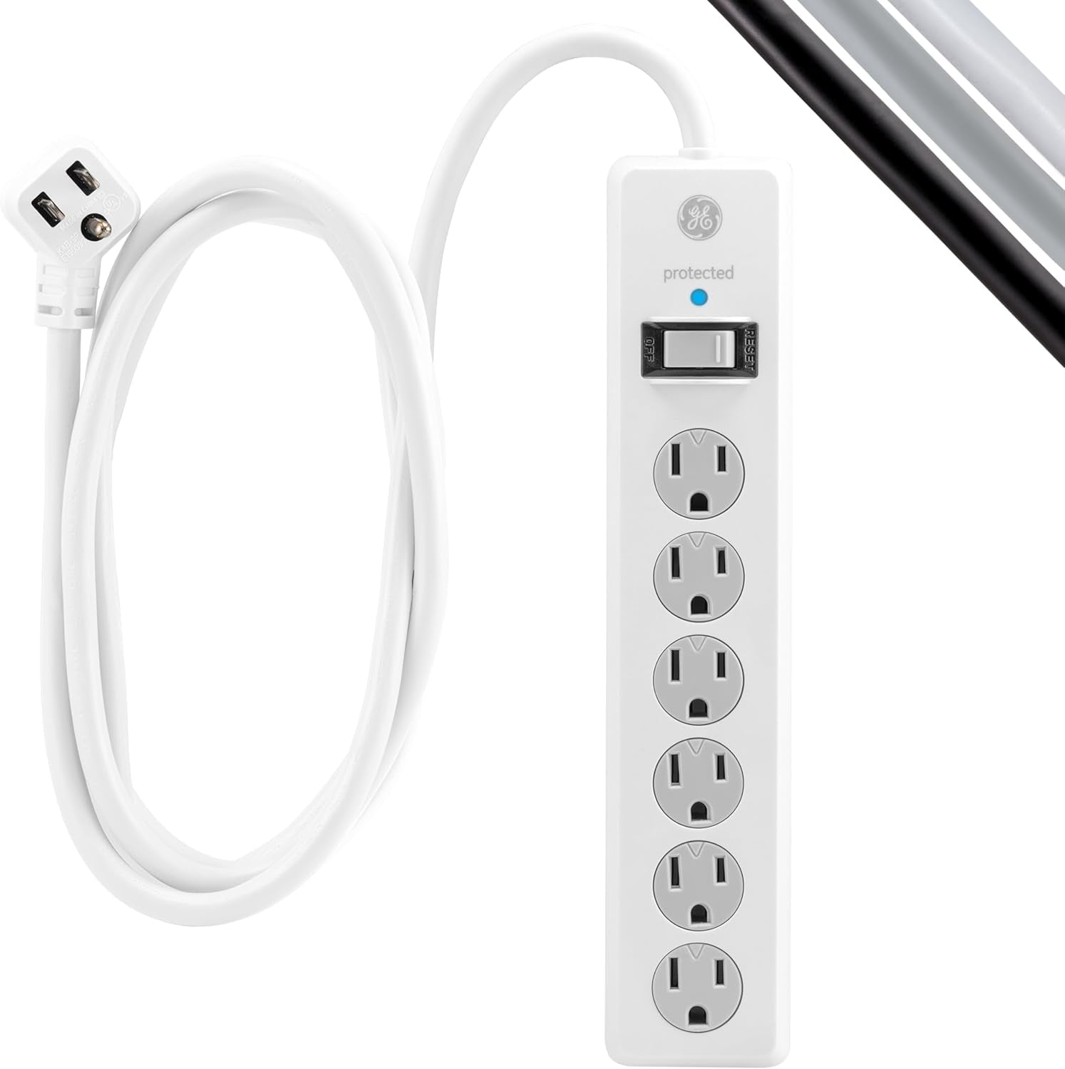 GE Surge Protector Power Strip, 15 Ft Extension Cord, 6 Outlet Extender, 800 Joules, Flat Plug, Twist-To-Close Safety Covers, ETL Listed, White, 50768
